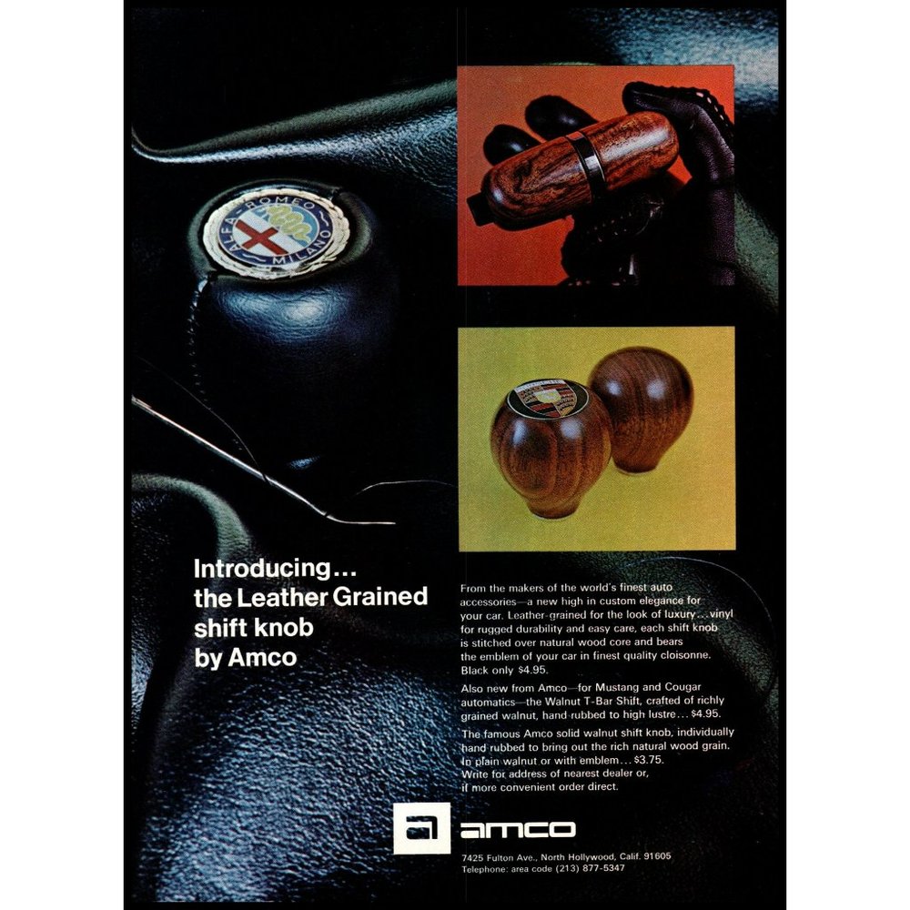 1969 Amco Alfa Romeo Porsche Walnut Wood Gear Shifter Knob Vintage Print Ad Art